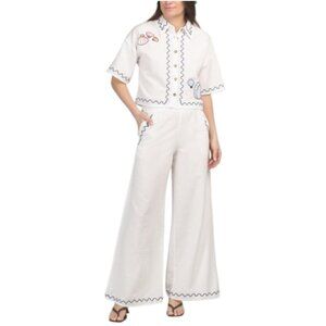 MIDNIGHT SKY 2pc Linen Blend Embroidered Icon Top And Pants Set